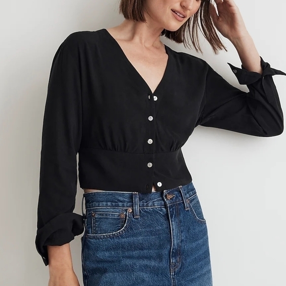 Madewell V-Neck Button-Front Shirt in True Black size XS NWT NO457 - Picture 2 of 12